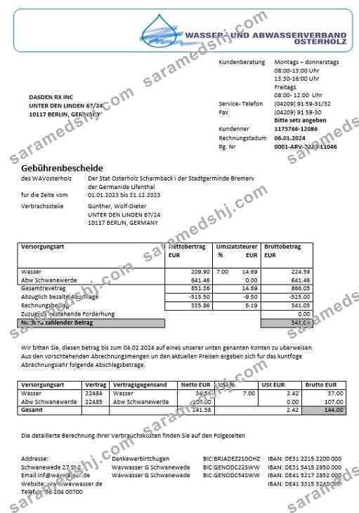 Germany Wavwasser business utility bill template in Word and PDF formats
